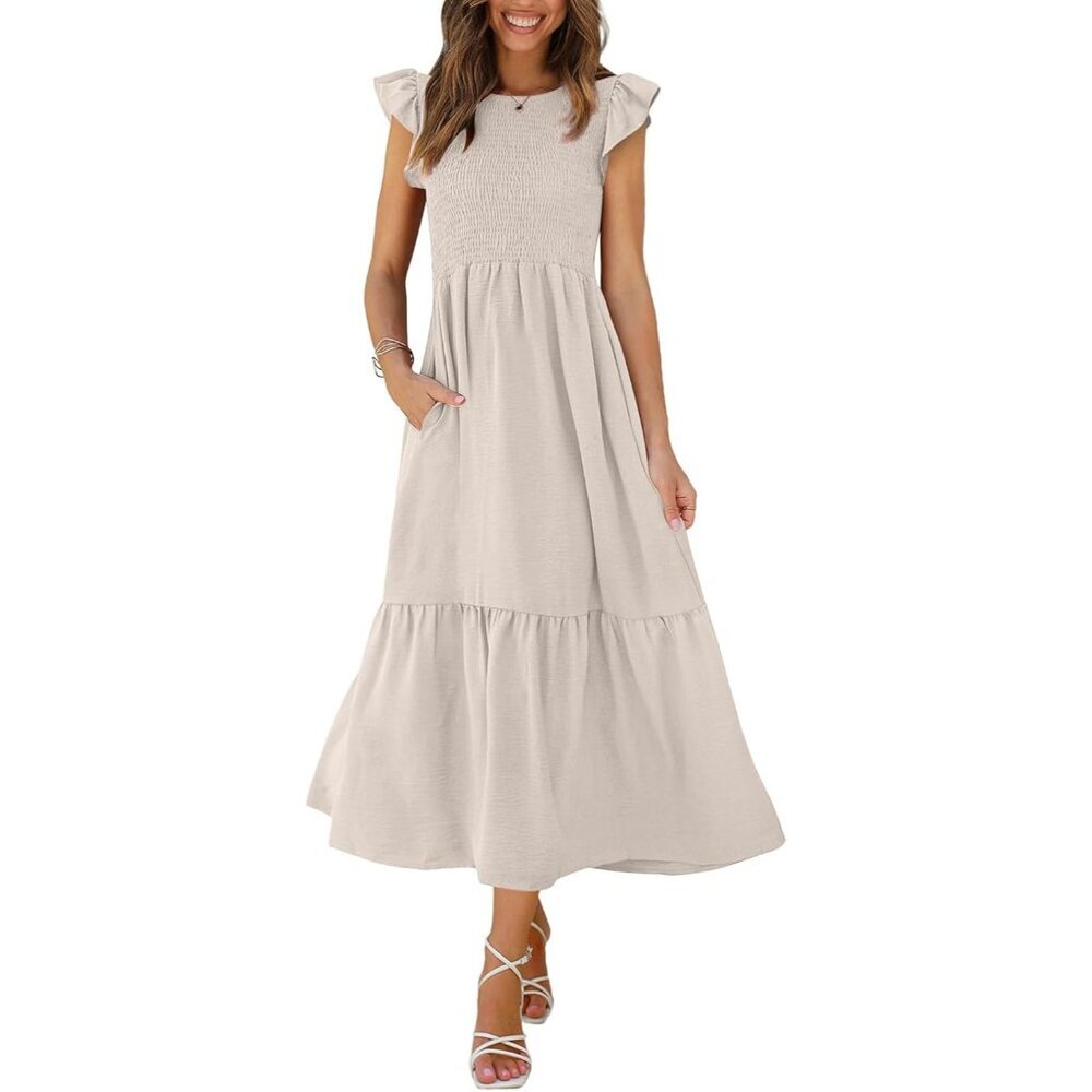 Women's Polyester Maxi Dress With Pockets Ruffle Sleeves Casual Chic